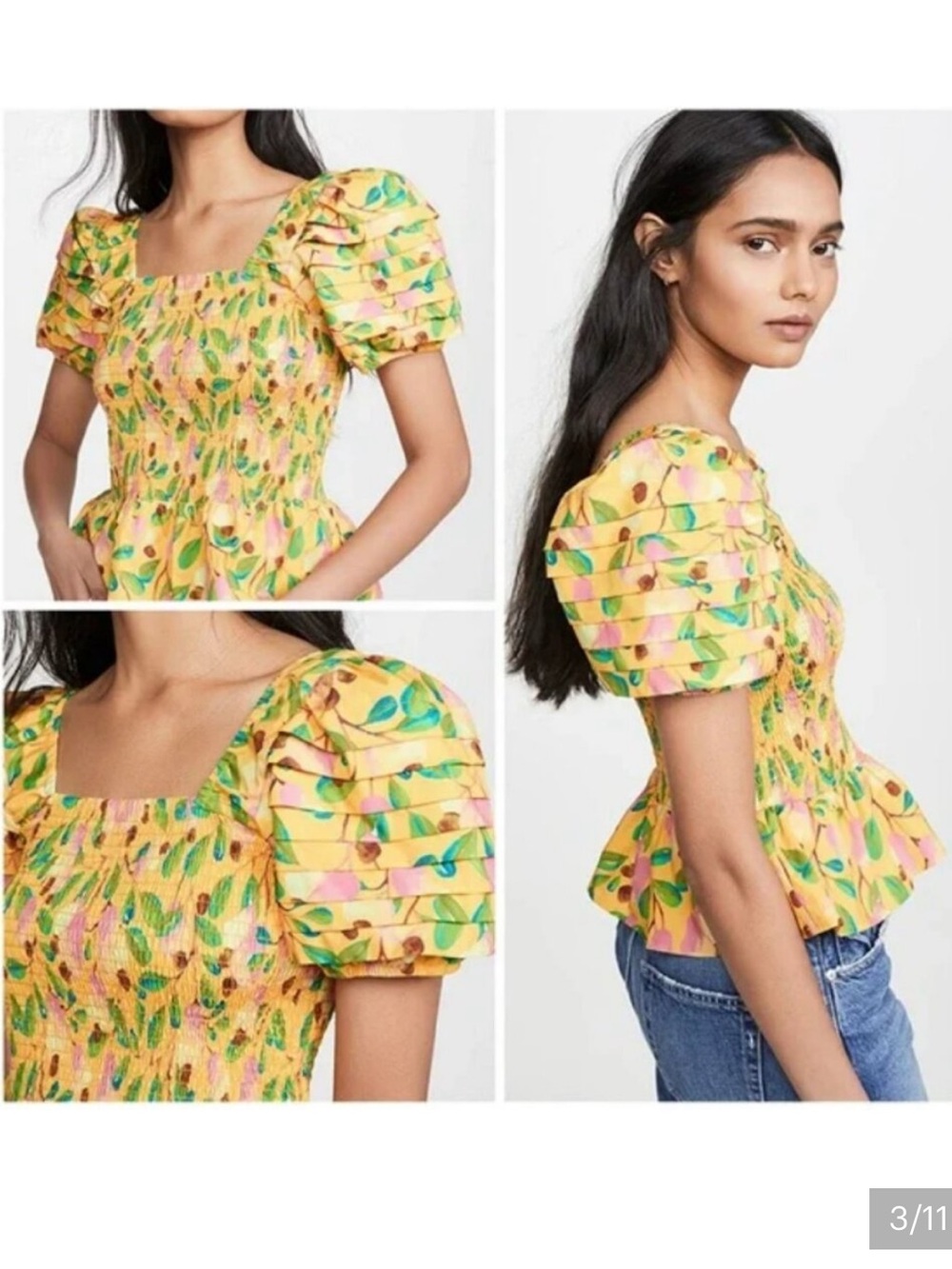 FARM Rio Yellow flower/fruit print Puff Sleeve Smocked Blouse